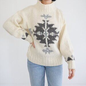 Vintage Lizsport Cream Wool Nordic Snowflake Festive Sweater Cabincore Boho M